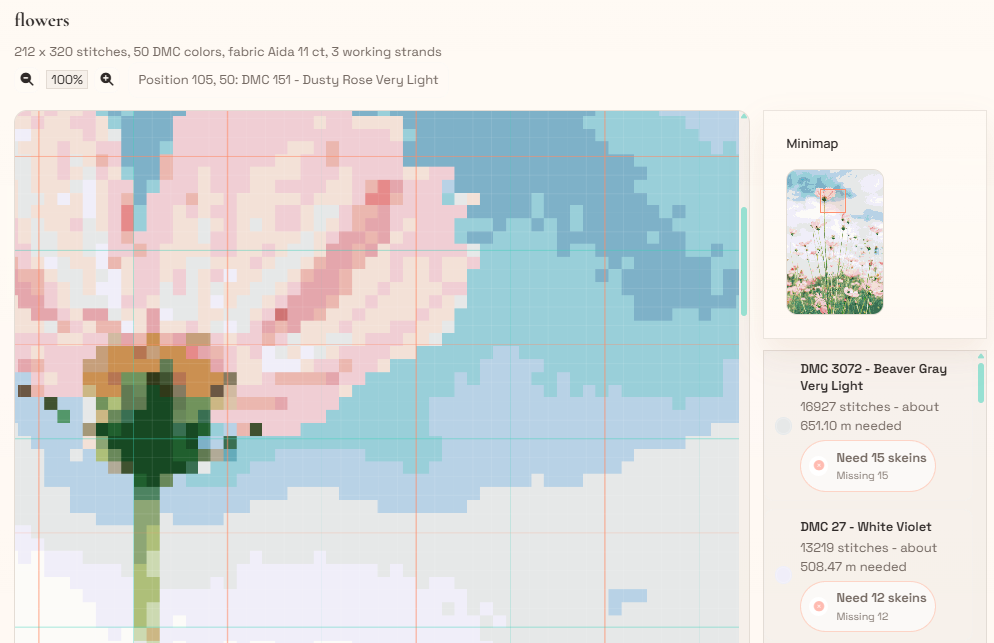 Gespeichertes Muster mit Minimap, Farbinformationen und Hover-Ansicht